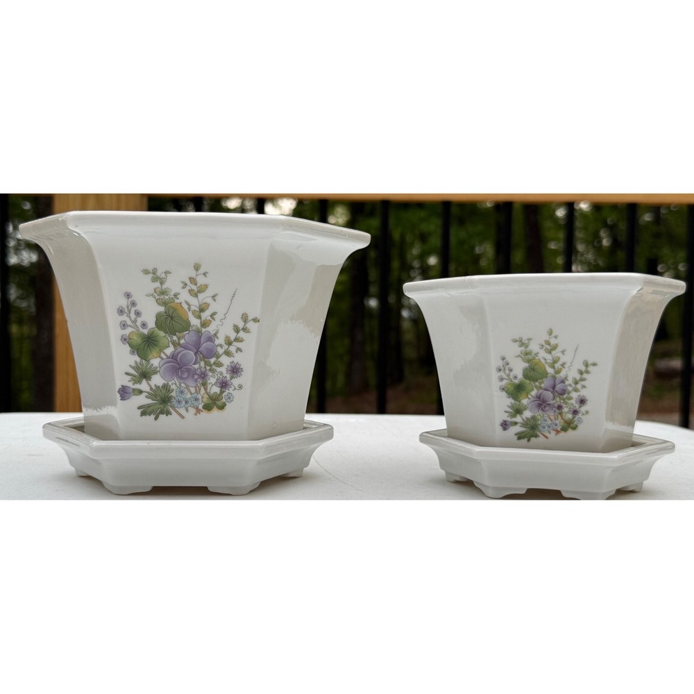 Takahashi Japan Wildflower Planter Set Hexagon Ceramic Pots Pair Missing plug